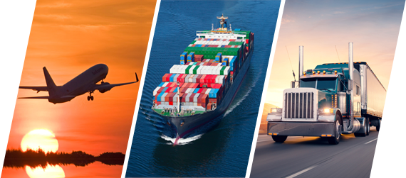 Plane, ship, and truck representing freight forwarding via air, sea, and land